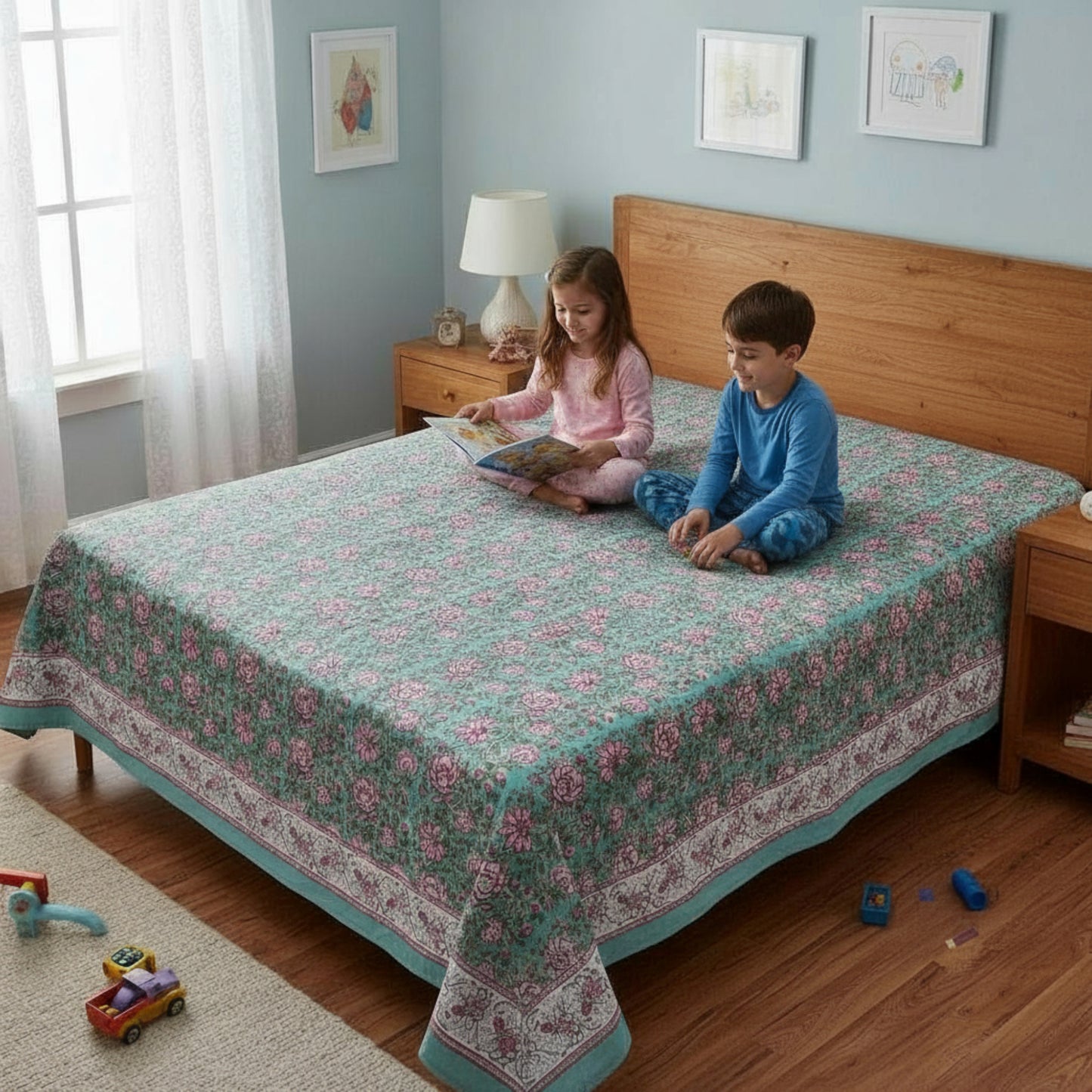 Floral Block Printed Cotton Tablecloth, Boho Table Linen, Handmade Home Decor - 90x108