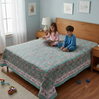 Floral Block Printed Cotton Tablecloth, Boho Table Linen, Handmade Home Decor - 90x108