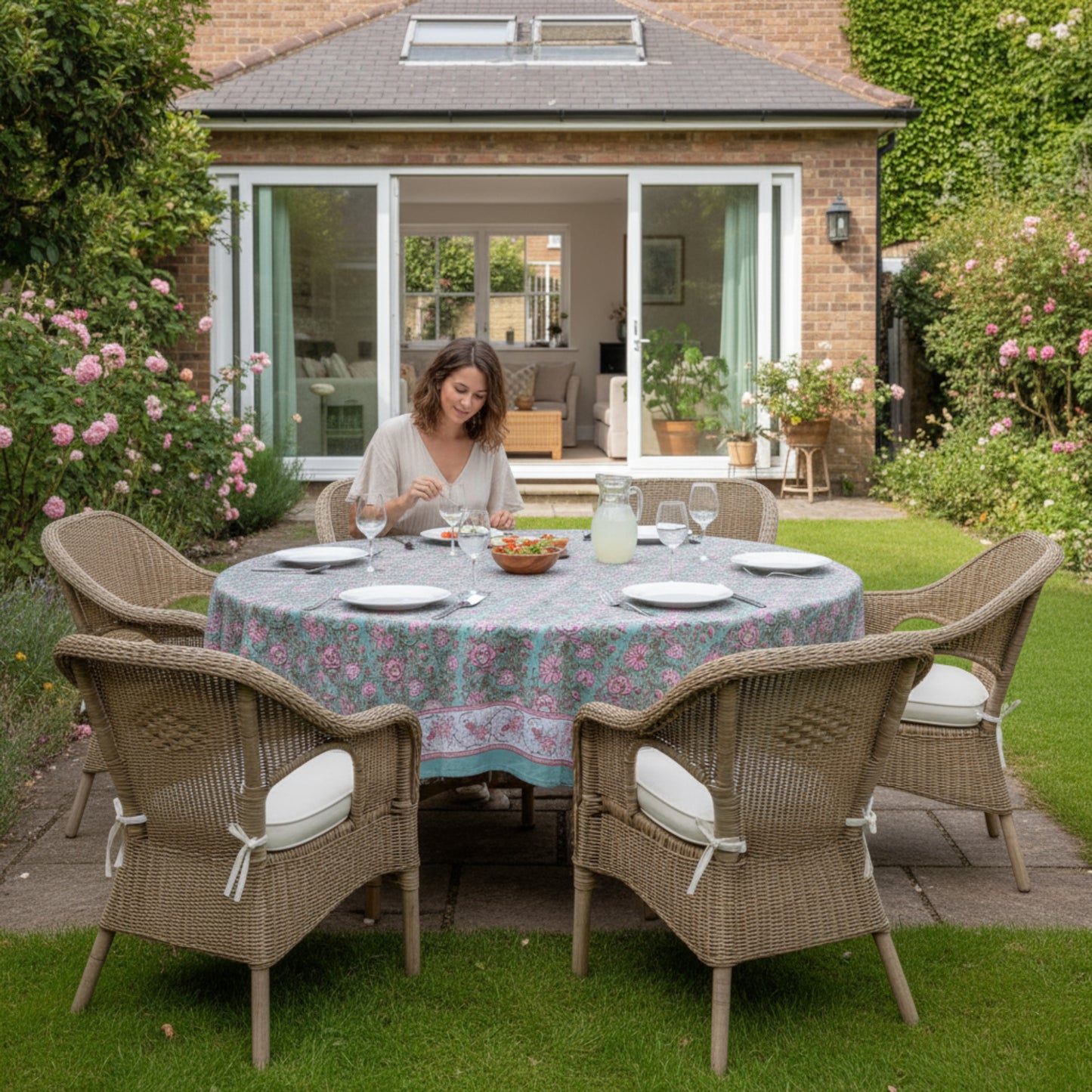 Floral Block Printed Cotton Tablecloth, Boho Table Linen, Handmade Home Decor - 90x108