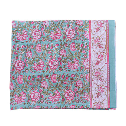 Floral Block Printed Cotton Tablecloth, Boho Table Linen, Handmade Home Decor - 90x108
