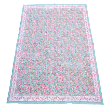 Floral Block Print Tablecloth, Cotton Dining Table Cover, Boho Style Linen - 90x108