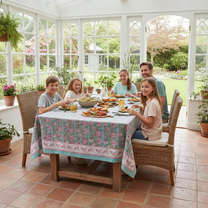 Floral Block Print Tablecloth, Cotton Dining Table Cover, Boho Style Linen - 90x108