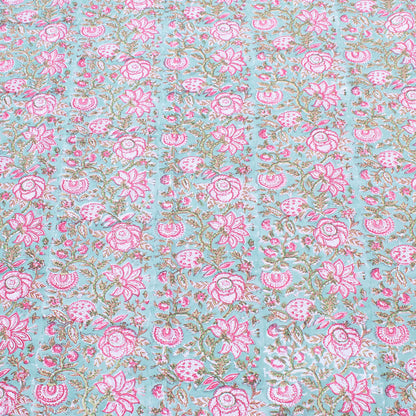 Floral Block Print Tablecloth, Cotton Dining Table Cover, Boho Style Linen - 90x108