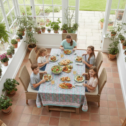 Floral Block Print Tablecloth, Cotton Dining Table Cover, Boho Style Linen - 90x108