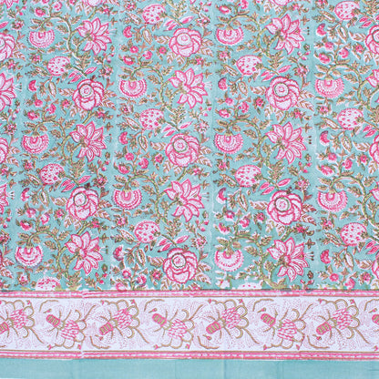 Floral Block Print Tablecloth, Cotton Dining Table Cover, Boho Style Linen - 90x108