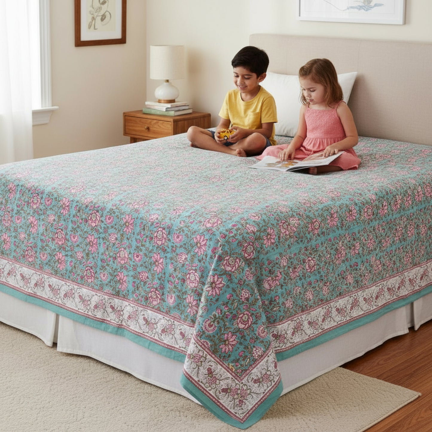 Floral Block Print Tablecloth, Cotton Dining Table Cover, Boho Style Linen - 90x108