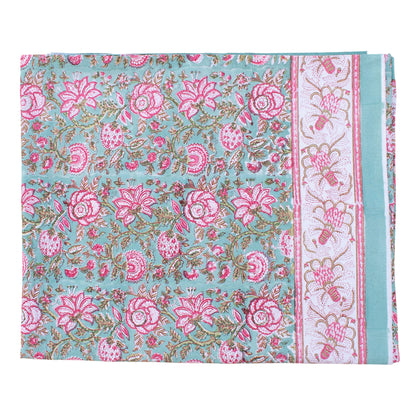 Floral Block Print Tablecloth, Cotton Dining Table Cover, Boho Style Linen - 90x108