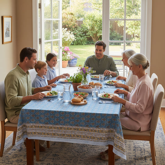 Indian Block Print Cotton Tablecloth, Handmade Dining Decor, Artisan Table Cover - 90x108