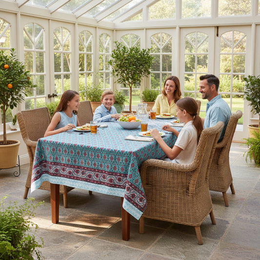 Cotton Tablecloth with Block Print, Boho Dining Table Linen, Handmade Decor - 90x108