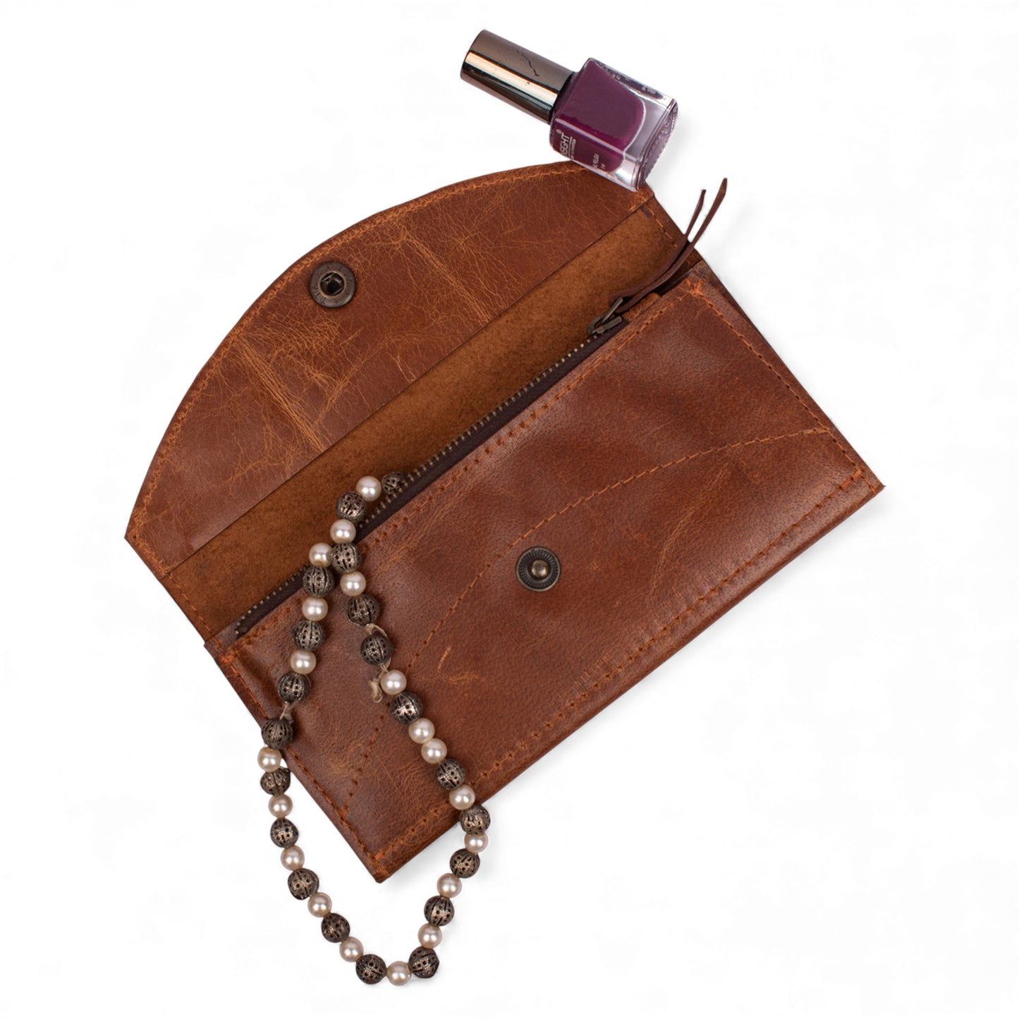 Leather Makeup Pouch with Snap Button – Handmade Travel & Makeup Case - Zipper Pocket