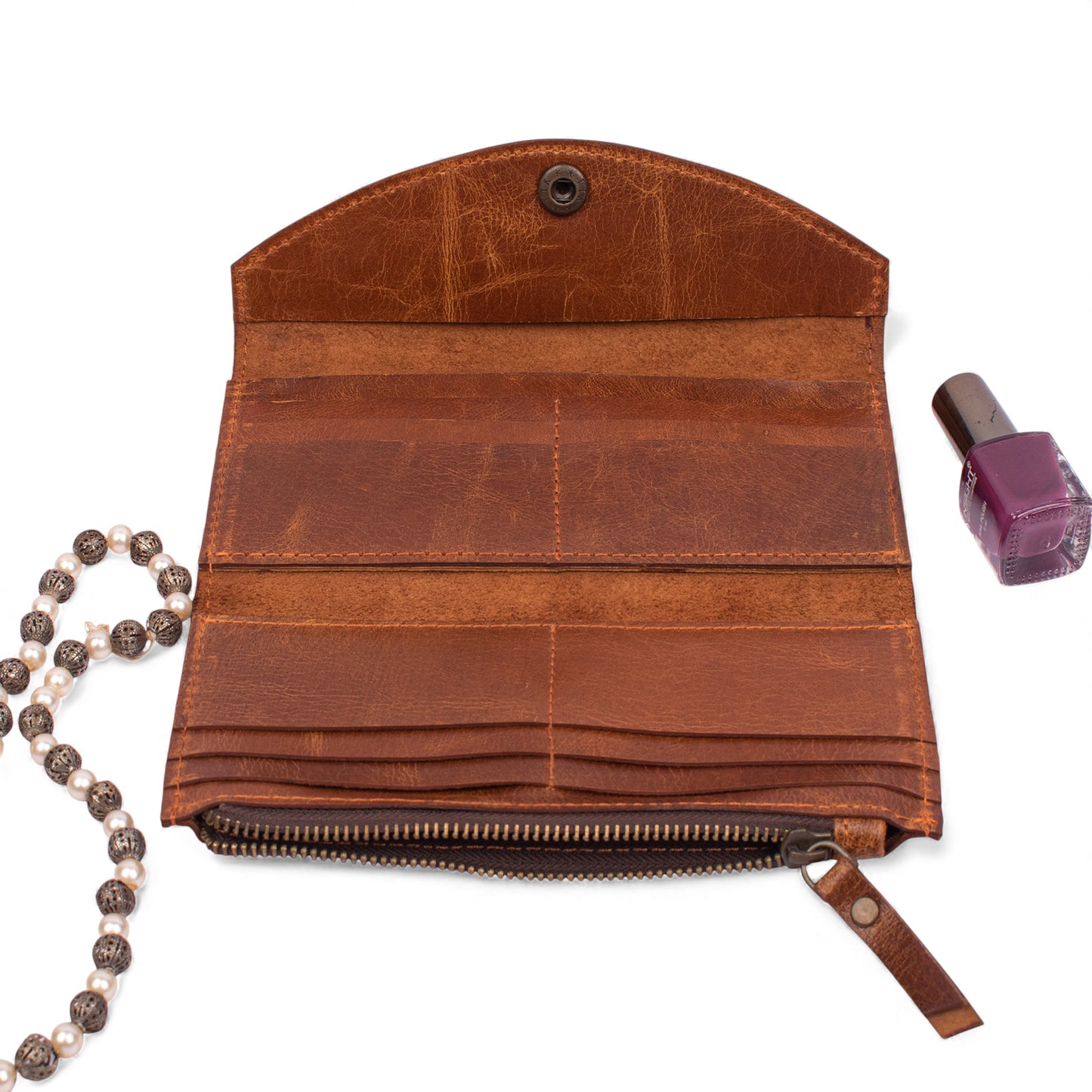 Leather Makeup Pouch with Snap Button – Handmade Travel & Makeup Case - Zipper Pocket