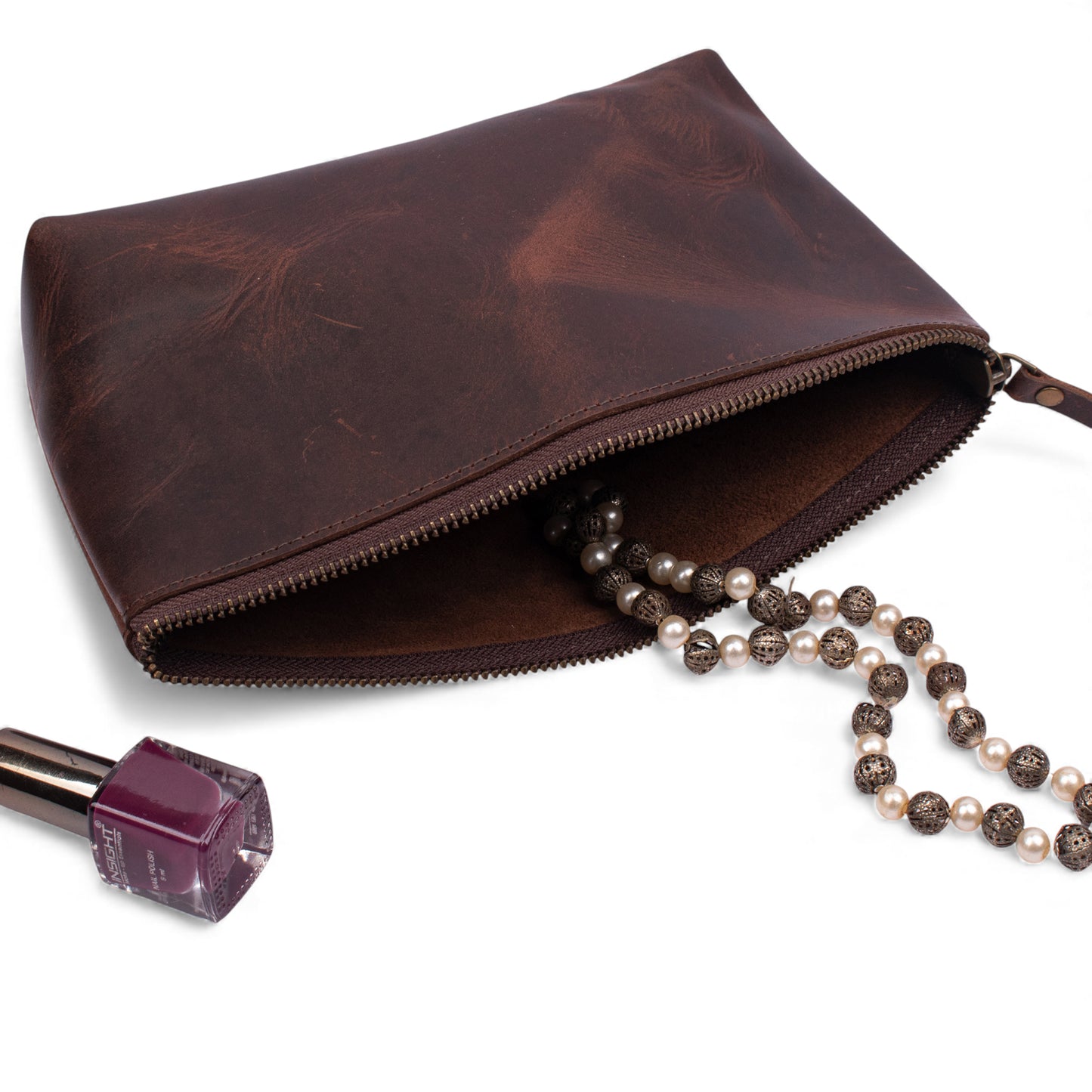 Premium Leather Makeup Bag with Zip Closure – Minimal Utility Pouch