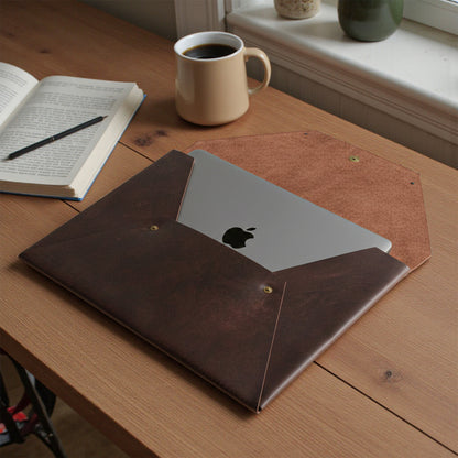 Handcrafted Leather Laptop Sleeve with Button Closure – Minimalist MacBook Case