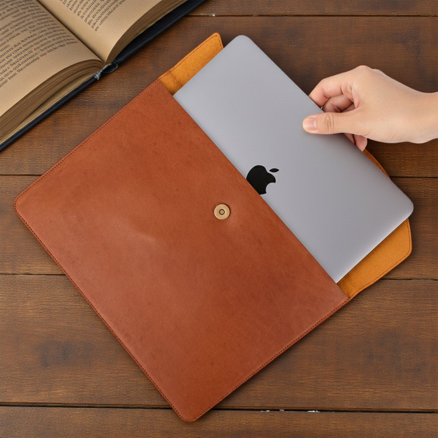 Minimal Leather Laptop Case with Snap Button – Elegant Work & Travel Sleeve - Curve Shape