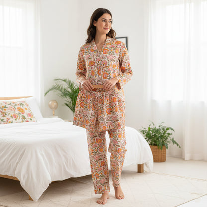 Women's Relaxed Fit Cotton Pajama Set – Light, Cooling & All-Night Comfortable Sleepwear | Handcrafted Print Pajama Set