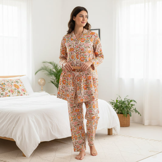 Women's Relaxed Fit Cotton Pajama Set – Light, Cooling & All-Night Comfortable Sleepwear | Handcrafted Print Pajama Set