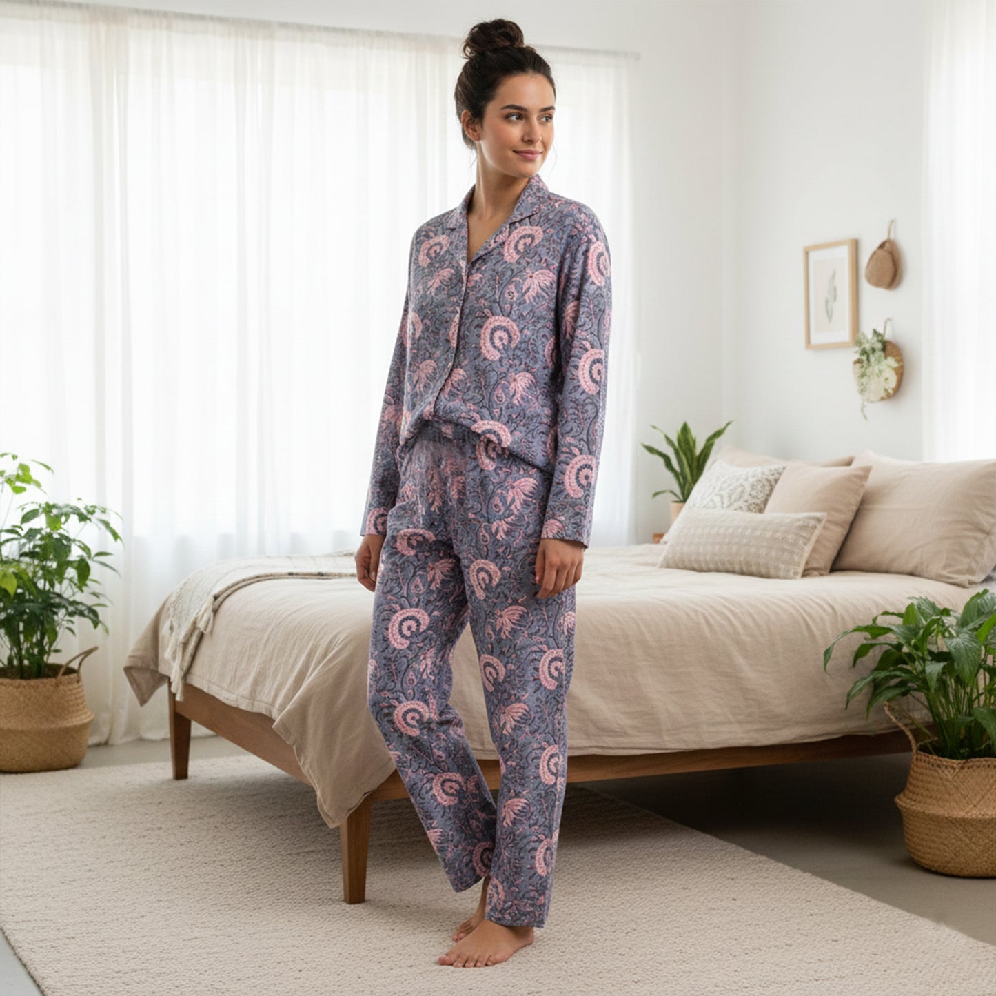 Classic Cotton Pajama Set for Women – Button-Down Nightwear with Soft Drawstring Pants | Everyday Comfort Sleep Set