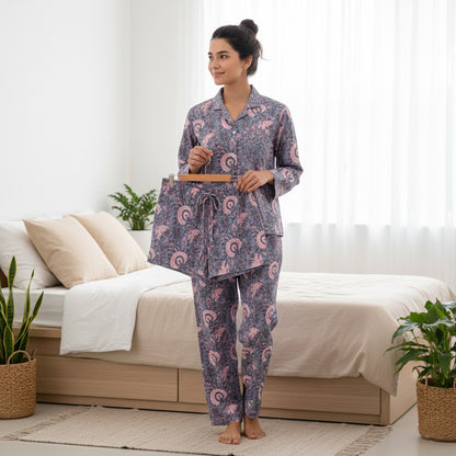 Classic Cotton Pajama Set for Women – Button-Down Nightwear with Soft Drawstring Pants | Everyday Comfort Sleep Set