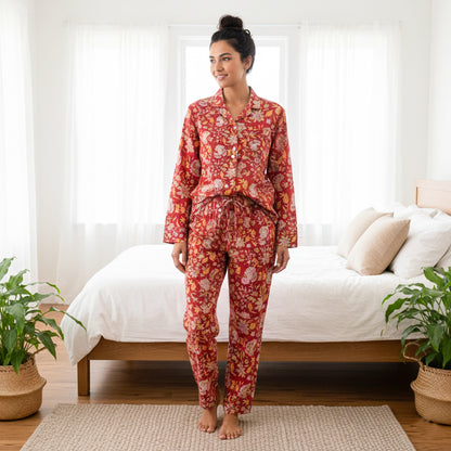 Women's Printed Cotton Cozy PJ Set – Lightweight, Moisture-Wicking Night Suit | Ideal for Sleep, Relaxing & Travel