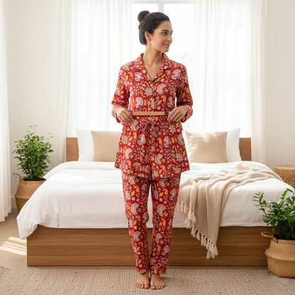 Women's Printed Cotton Cozy PJ Set – Lightweight, Moisture-Wicking Night Suit | Ideal for Sleep, Relaxing & Travel