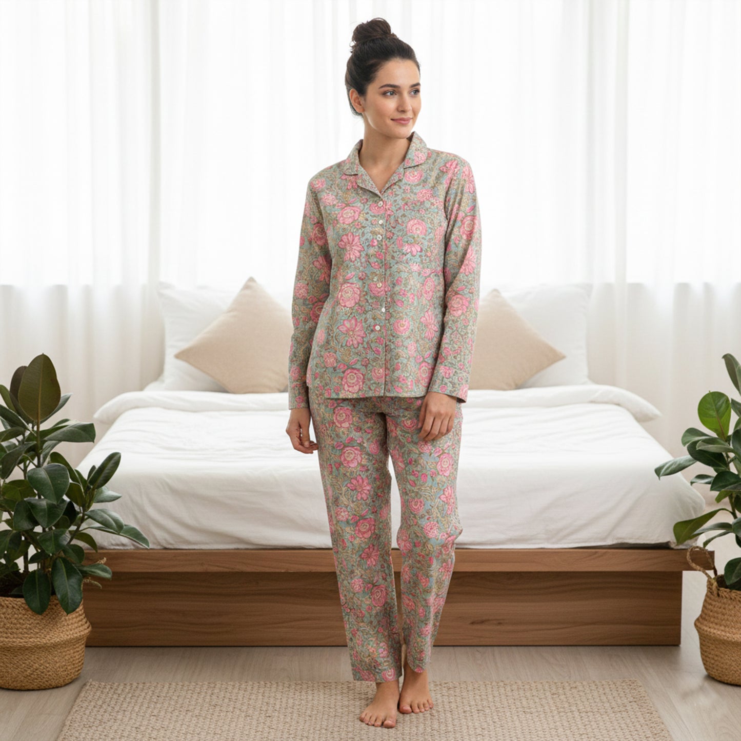 Ultra-Soft Cotton Sleep Set for Women – Cotton Pajama Set with Elegant Prints | Relaxed Fit Nightwear for All Seasons