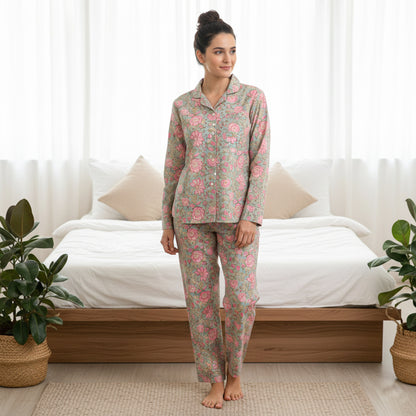 Ultra-Soft Cotton Sleep Set for Women – Cotton Pajama Set with Elegant Prints | Relaxed Fit Nightwear for All Seasons