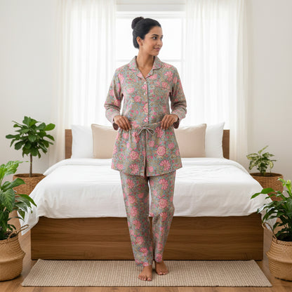 Ultra-Soft Cotton Sleep Set for Women – Cotton Pajama Set with Elegant Prints | Relaxed Fit Nightwear for All Seasons