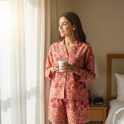 Hand Block Printed Cotton Pajama Set for Women – Ultra-Soft, Skin-Friendly Nightwear | Relaxed Fit Sleepwear for All-Season Comfort