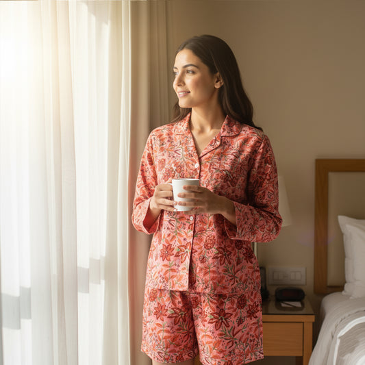 Hand Block Printed Cotton Pajama Set for Women – Ultra-Soft, Skin-Friendly Nightwear | Relaxed Fit Sleepwear for All-Season Comfort