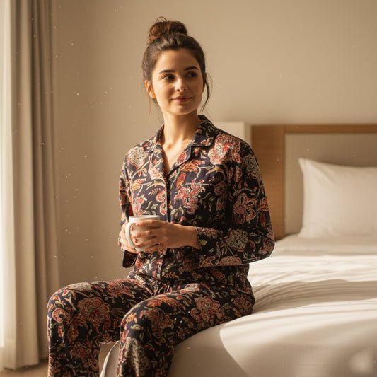 Floral Cotton PJ Set forMen/ Women – Lightweight, Breathable & Cozy Pajamas | Premium Night Suit for Restful Sleep & Home Comfort