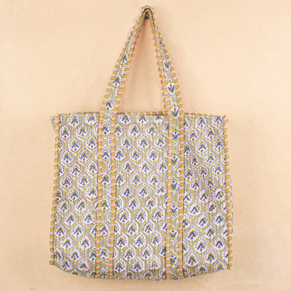 Quilted Tote Bag with Pockets, Lightweight Cotton Handbag, School & Work Bag