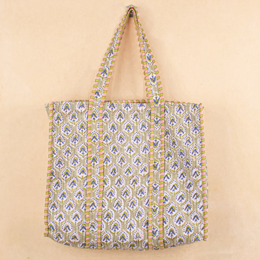 Quilted Tote Bag with Pockets, Lightweight Cotton Handbag, School & Work Bag