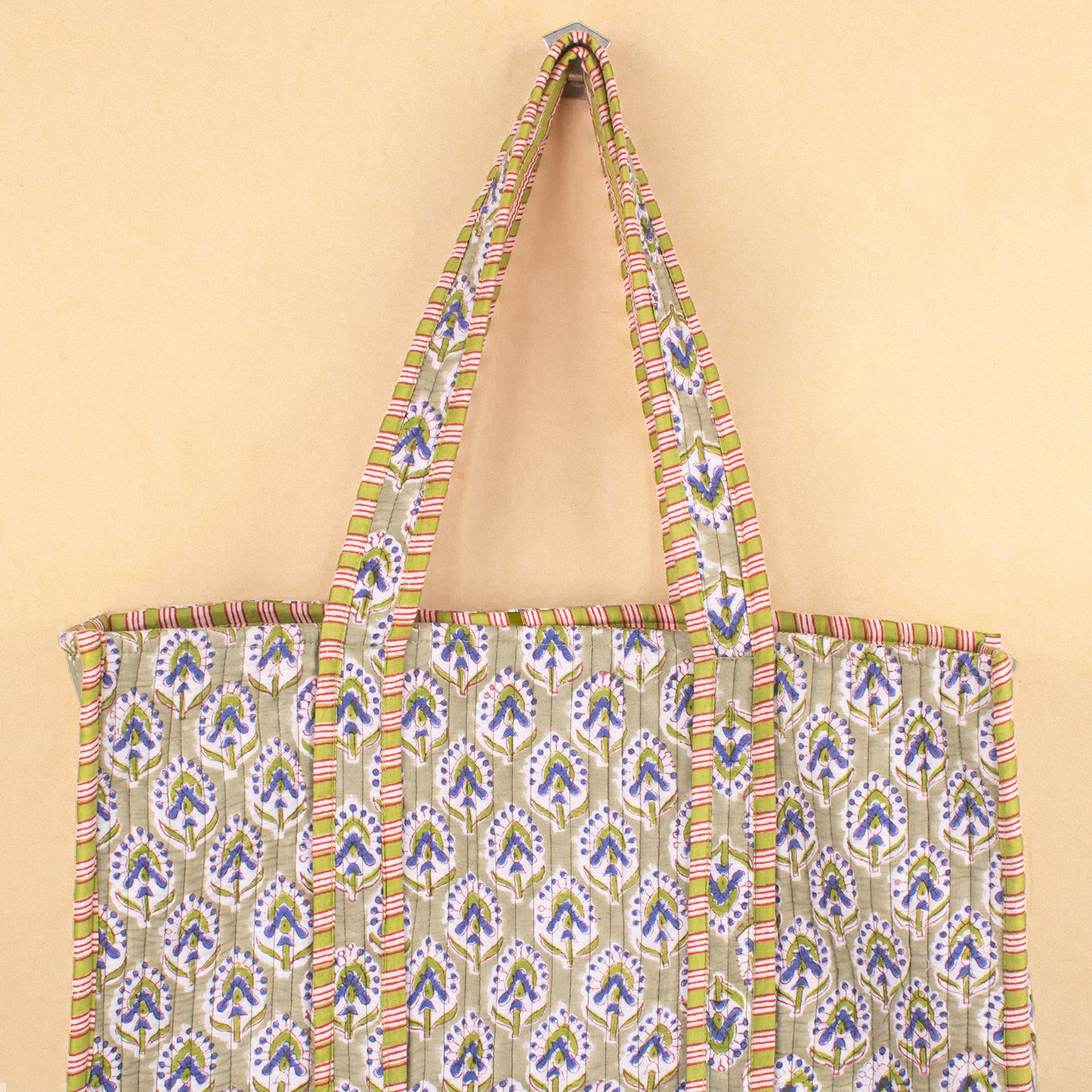 Quilted Tote Bag with Pockets, Lightweight Cotton Handbag, School & Work Bag