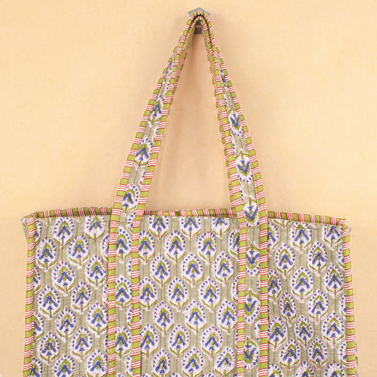 Quilted Tote Bag with Pockets, Lightweight Cotton Handbag, School & Work Bag