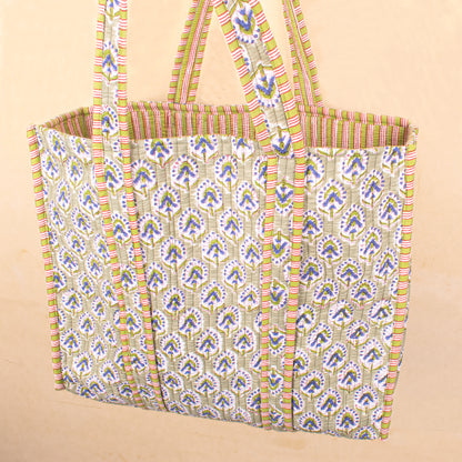 Quilted Tote Bag with Pockets, Lightweight Cotton Handbag, School & Work Bag