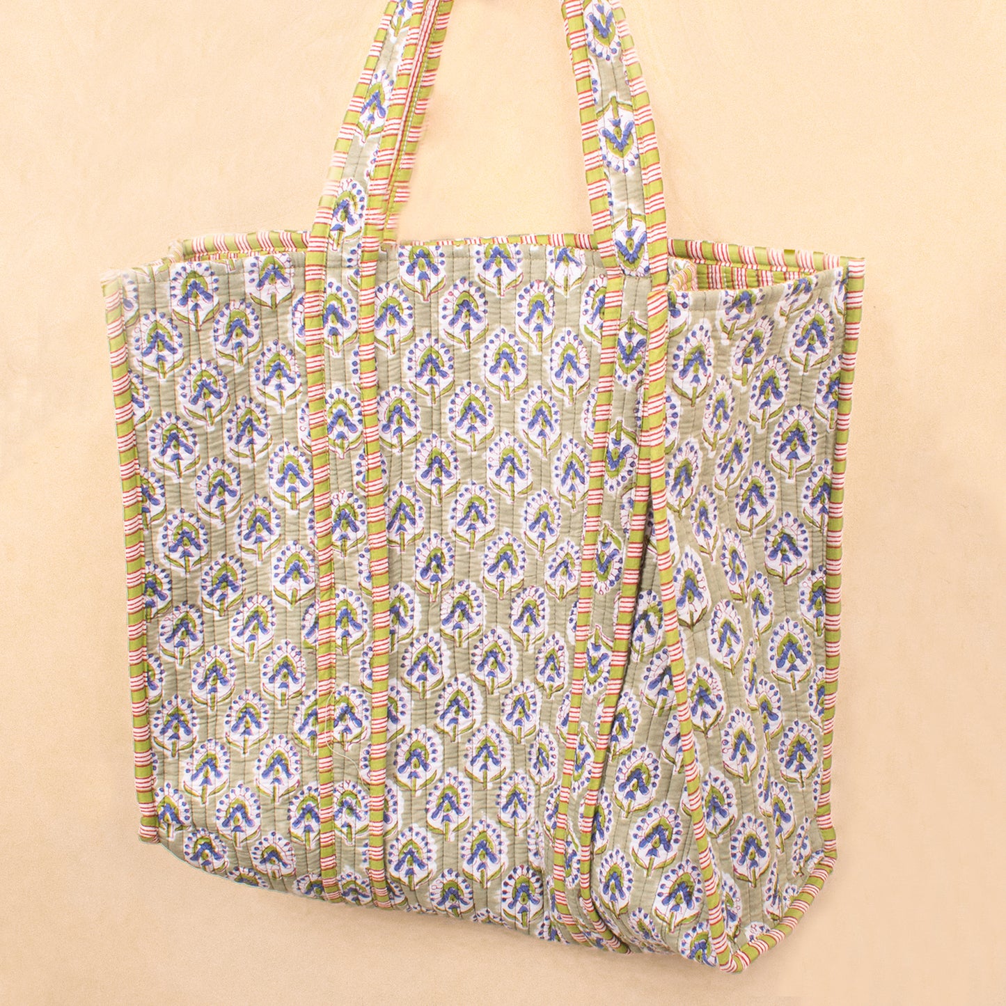 Quilted Tote Bag with Pockets, Lightweight Cotton Handbag, School & Work Bag