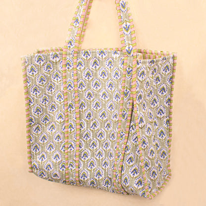 Quilted Tote Bag with Pockets, Lightweight Cotton Handbag, School & Work Bag