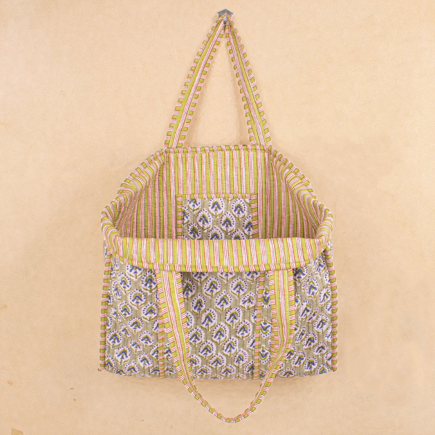Quilted Tote Bag with Pockets, Lightweight Cotton Handbag, School & Work Bag