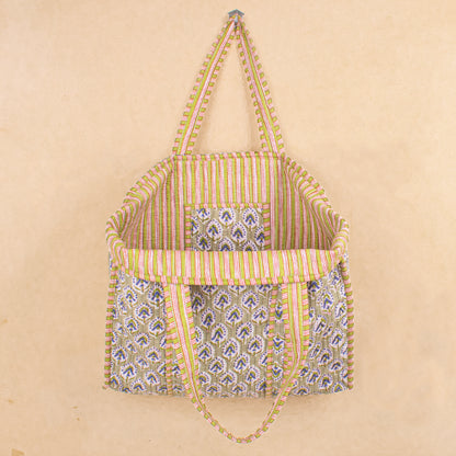 Quilted Tote Bag with Pockets, Lightweight Cotton Handbag, School & Work Bag