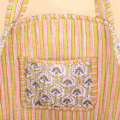 Quilted Tote Bag with Pockets, Lightweight Cotton Handbag, School & Work Bag