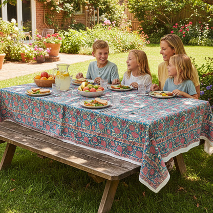 Indian Cotton Block Print Tablecloth, Rustic Farmhouse Table Cover, Handmade Table Linen