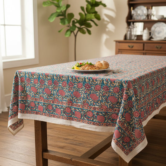 Indian Cotton Block Print Tablecloth, Rustic Farmhouse Table Cover, Handmade Table Linen