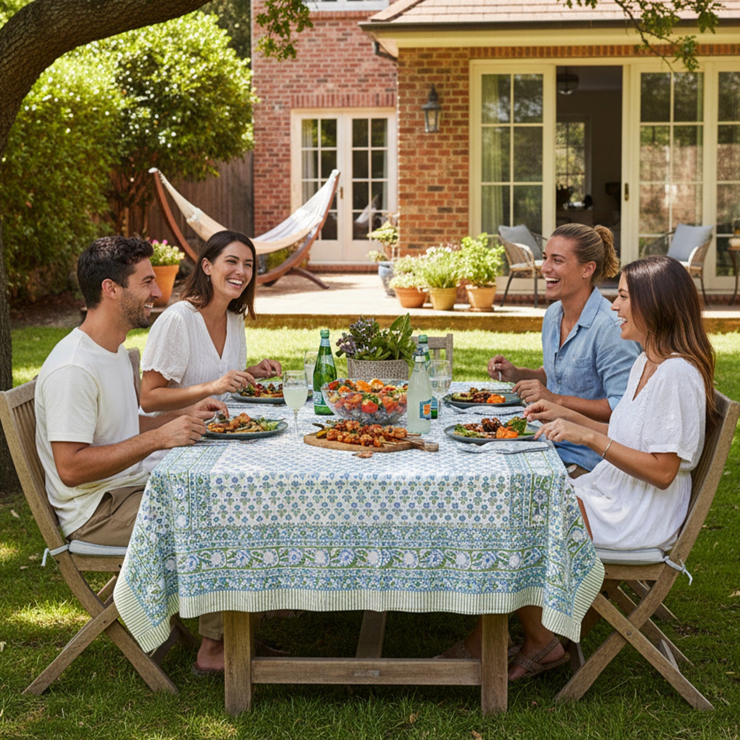 Floral Block Print Tablecloth, 100% Cotton Table Cover, Boho Kitchen Dining Decor