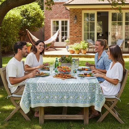 Floral Block Print Tablecloth, 100% Cotton Table Cover, Boho Kitchen Dining Decor