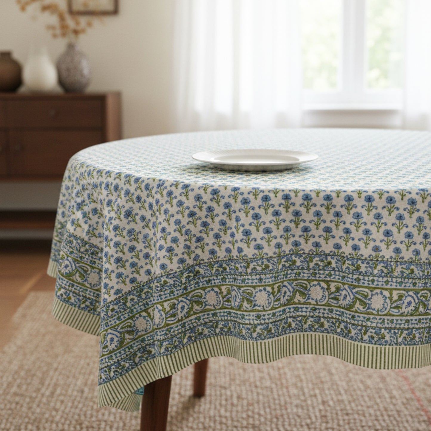 Floral Block Print Tablecloth, 100% Cotton Table Cover, Boho Kitchen Dining Decor