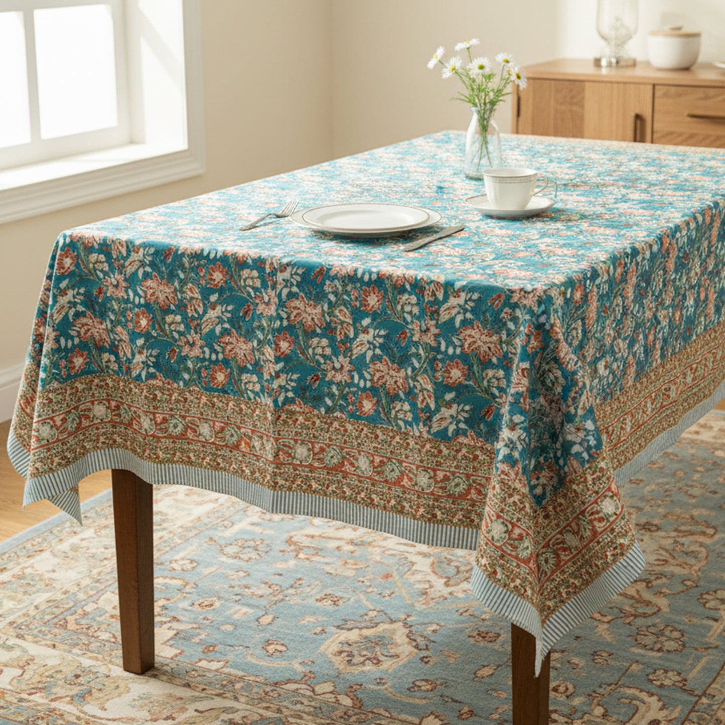 Bohemian Hand Block Printed Tablecloth, Cotton Dining Table Cover, Artistic Home Decor