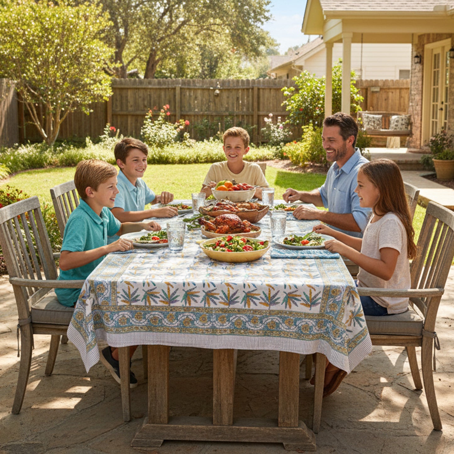 Natural Cotton Tablecloth with Hand Block Print, Eco-Friendly Farmhouse Table Decor