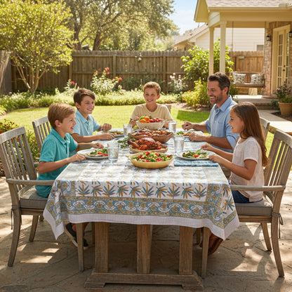 Natural Cotton Tablecloth with Hand Block Print, Eco-Friendly Farmhouse Table Decor