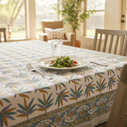 Natural Cotton Tablecloth with Hand Block Print, Eco-Friendly Farmhouse Table Decor