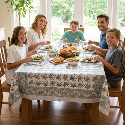 Natural Cotton Tablecloth with Hand Block Print, Eco-Friendly Farmhouse Table Decor